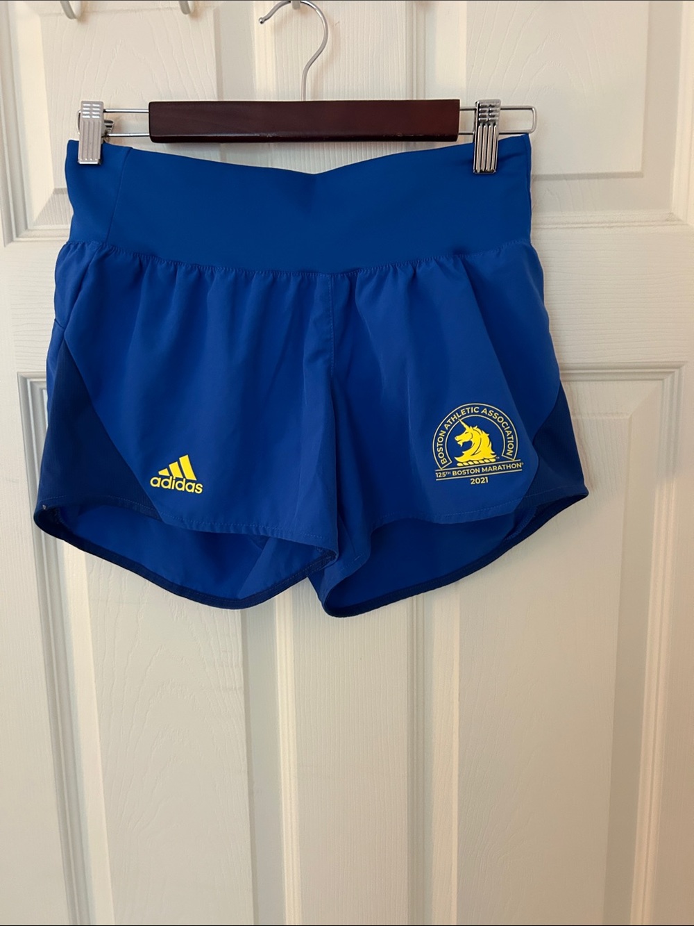 adidas Royal Blue Athletic Running Shorts with Yellow Logo